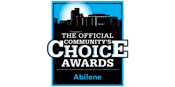 A blue and black award badge featuring a city skyline silhouette above the text "The Official Community's Choice Awards Abilene."