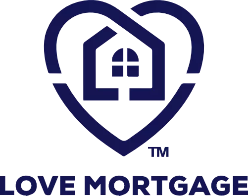 The Love Mortgage logo: a navy blue outline of a house with a window, nested inside a large, stylized heart outline.
